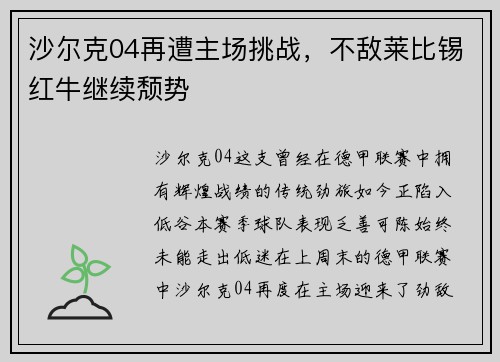 沙尔克04再遭主场挑战，不敌莱比锡红牛继续颓势